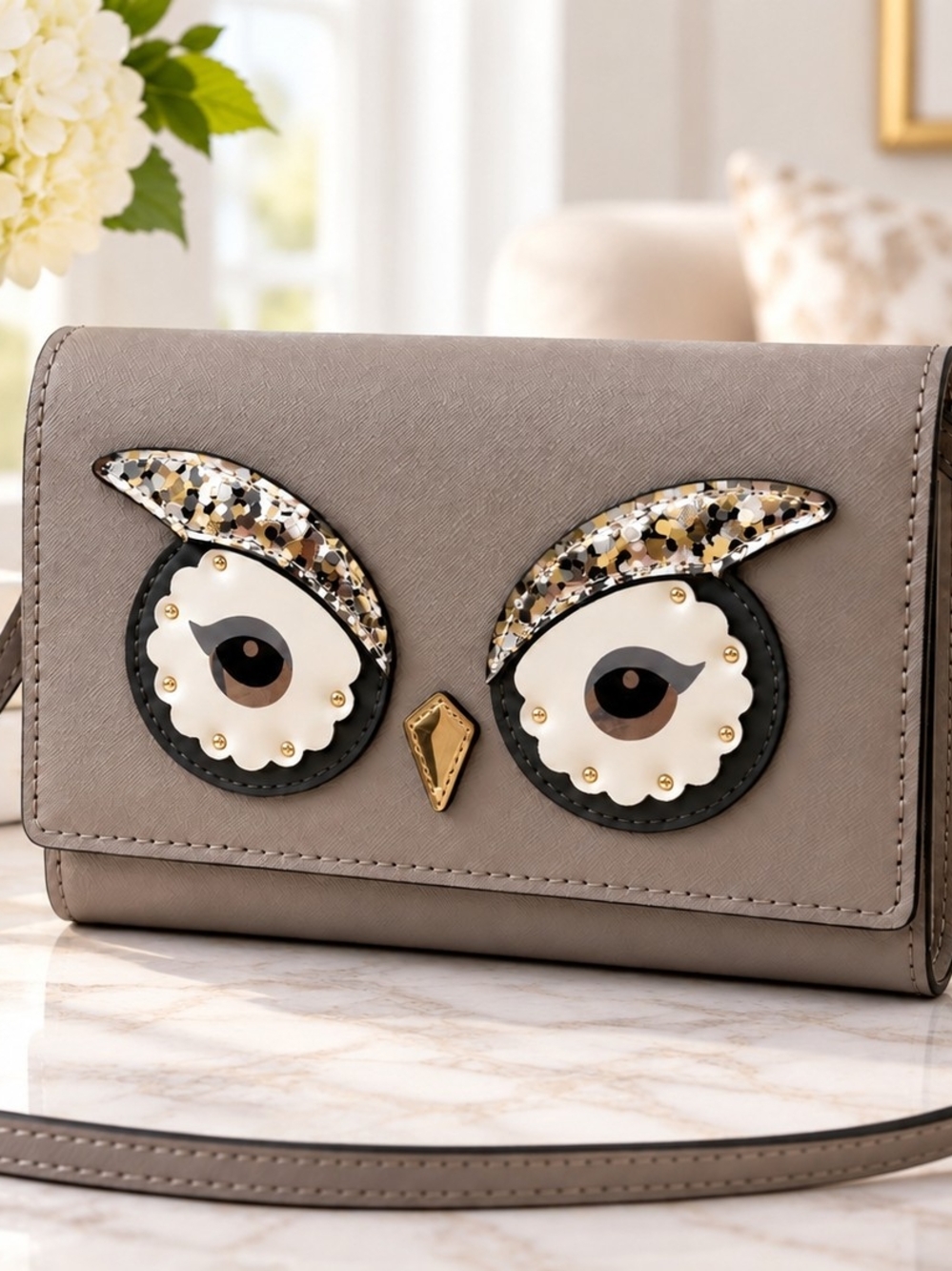Kate Spade Owl Crossbody Purse | Novelty Owl Handbag | Taupe Saffiano Leather |